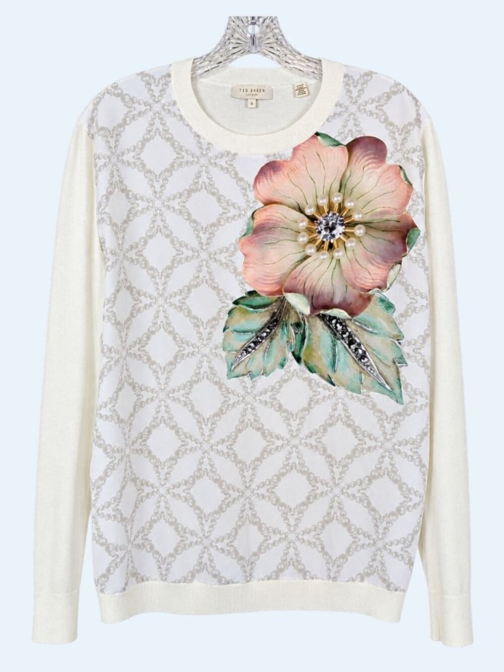 Ted Baker London Womens 4 Ivory Floral Pearl Mixed Media Sweater Knit Top